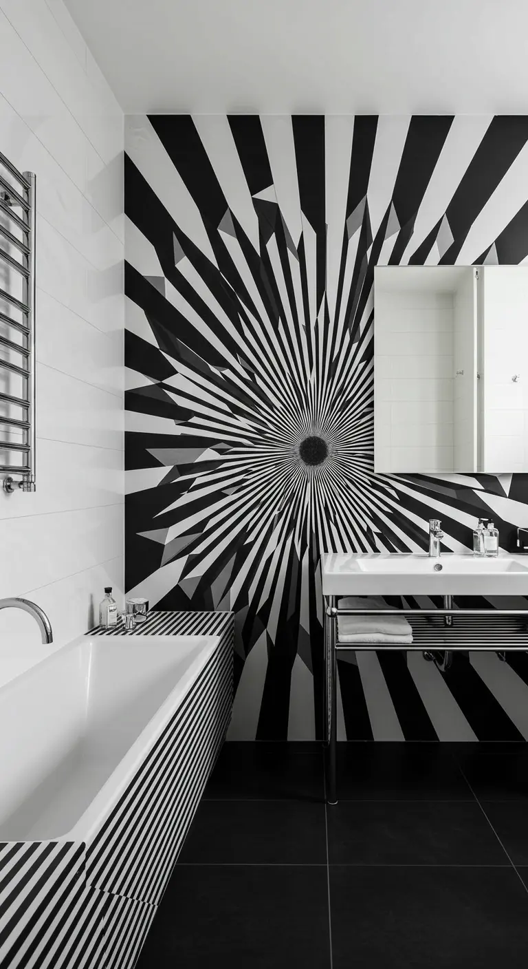 Badkamer met een opvallende zwart-witte grafische accentmuur achter de wastafel.