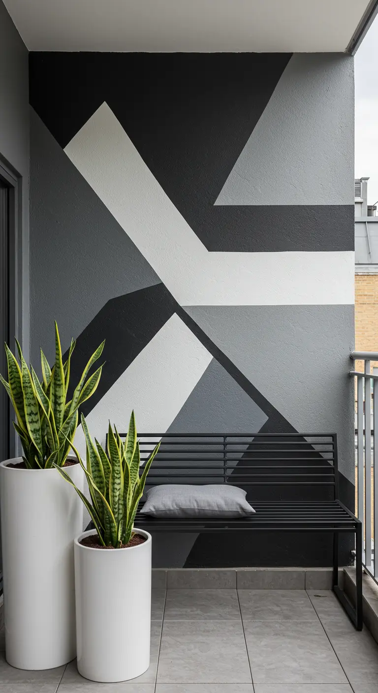 Strak balkon met een geometrische muurschildering in zwart, wit en grijstinten