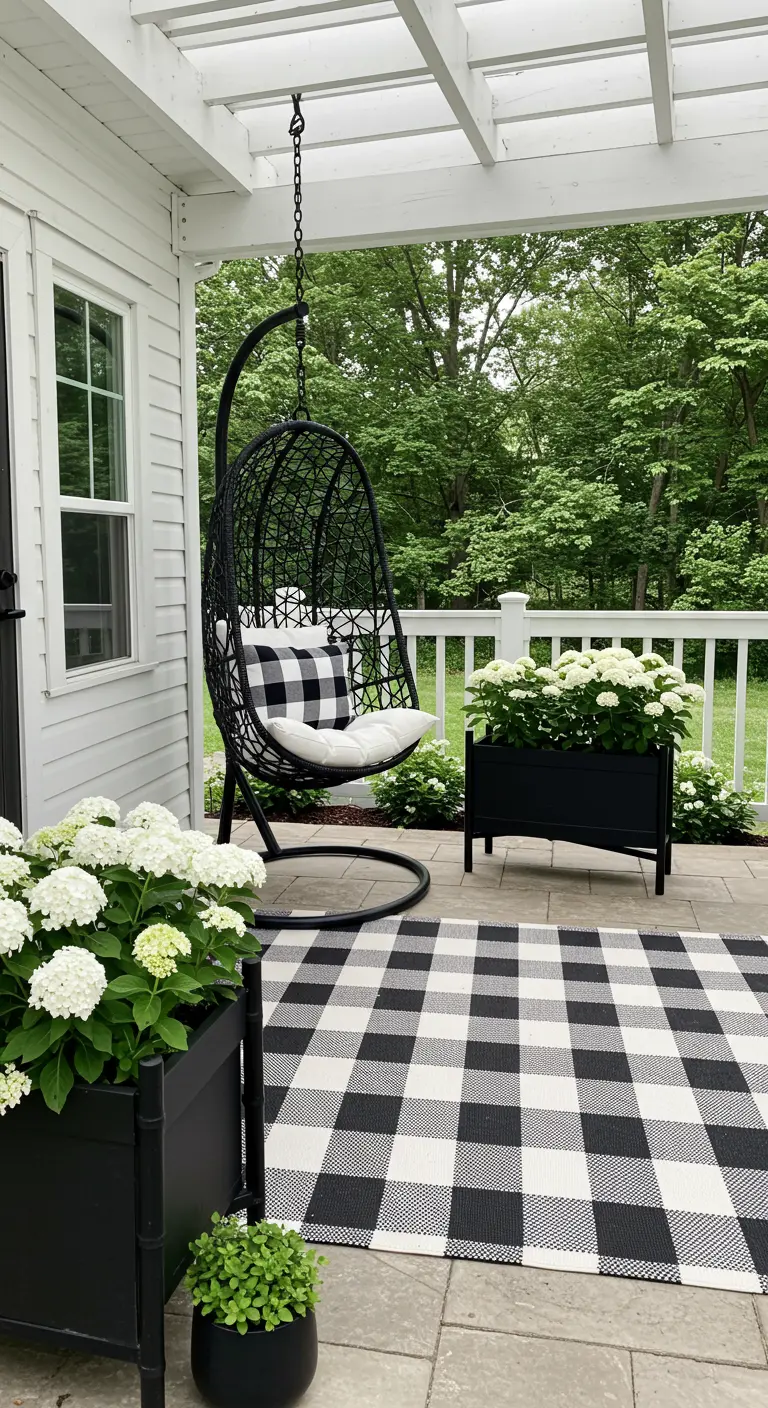 Veranda met zwarte hangstoel, een zwart-wit geblokt kleed en witte hortensia's.