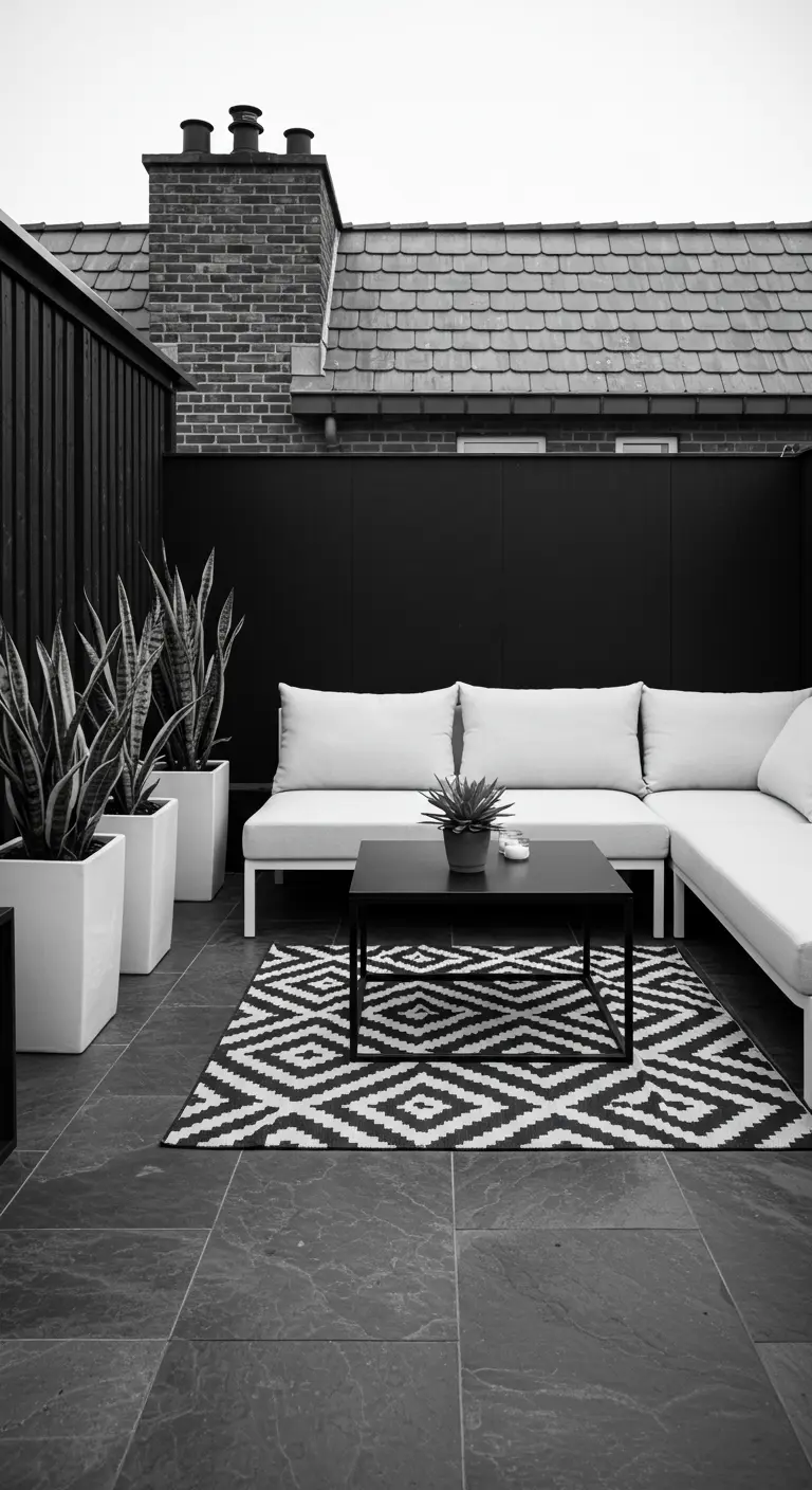 Strak terras in zwart-wit met een witte loungebank, een grafisch vloerkleed en hoge sansevieria's.