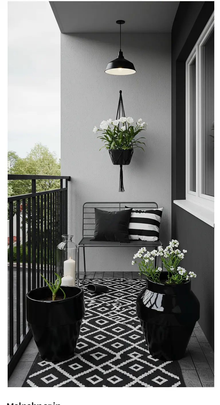 Modern balkon met zwart-witte styling, inclusief een zwarte macramé plantenhanger.