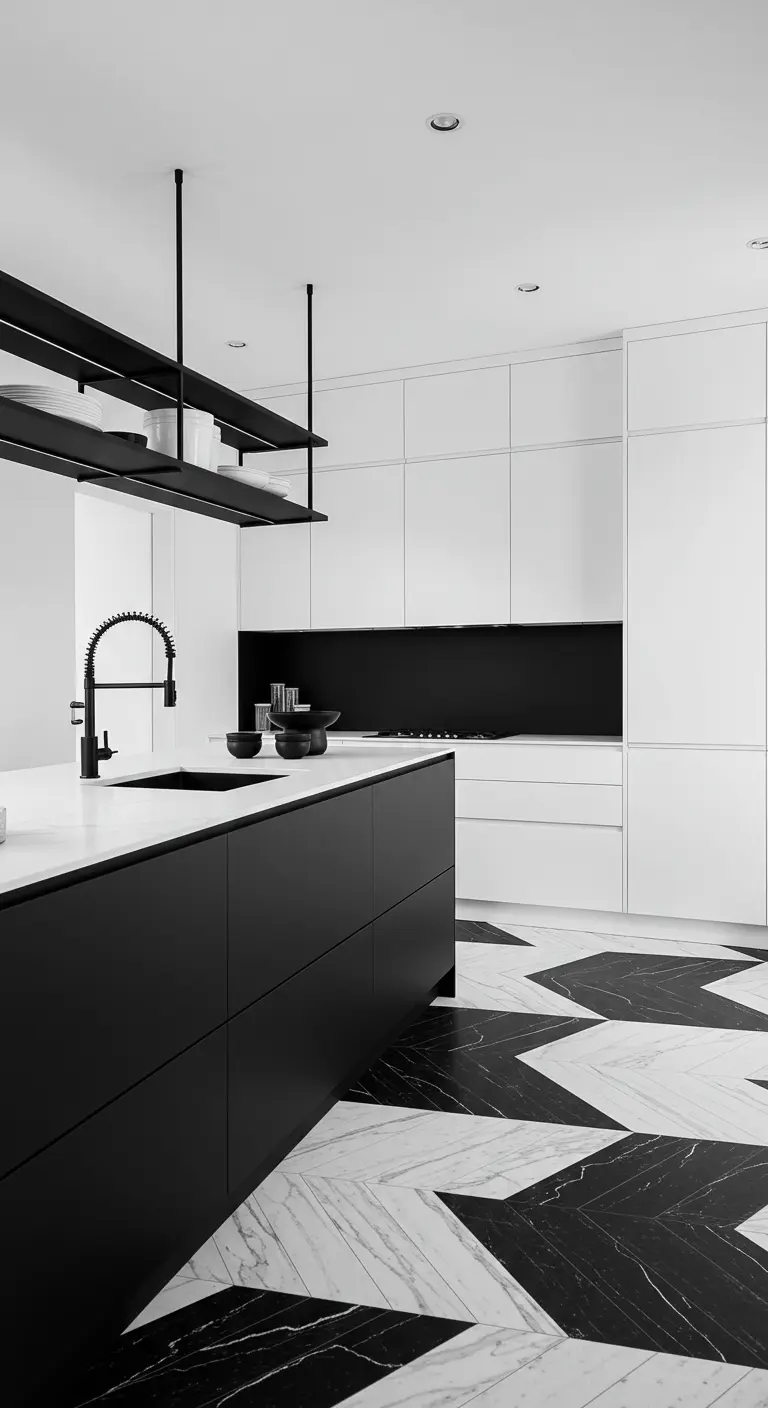 Zwart-witte keuken met een opvallende geometrische visgraatvloer en strakke kasten.