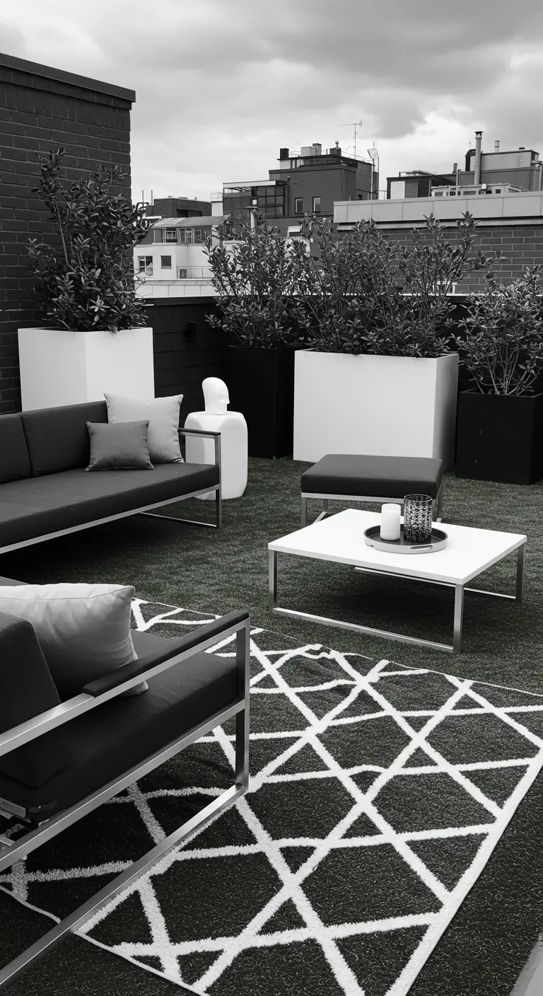 Modern dakterras in zwart-wit met kunstgras, een grafisch vloerkleed en strakke meubels.