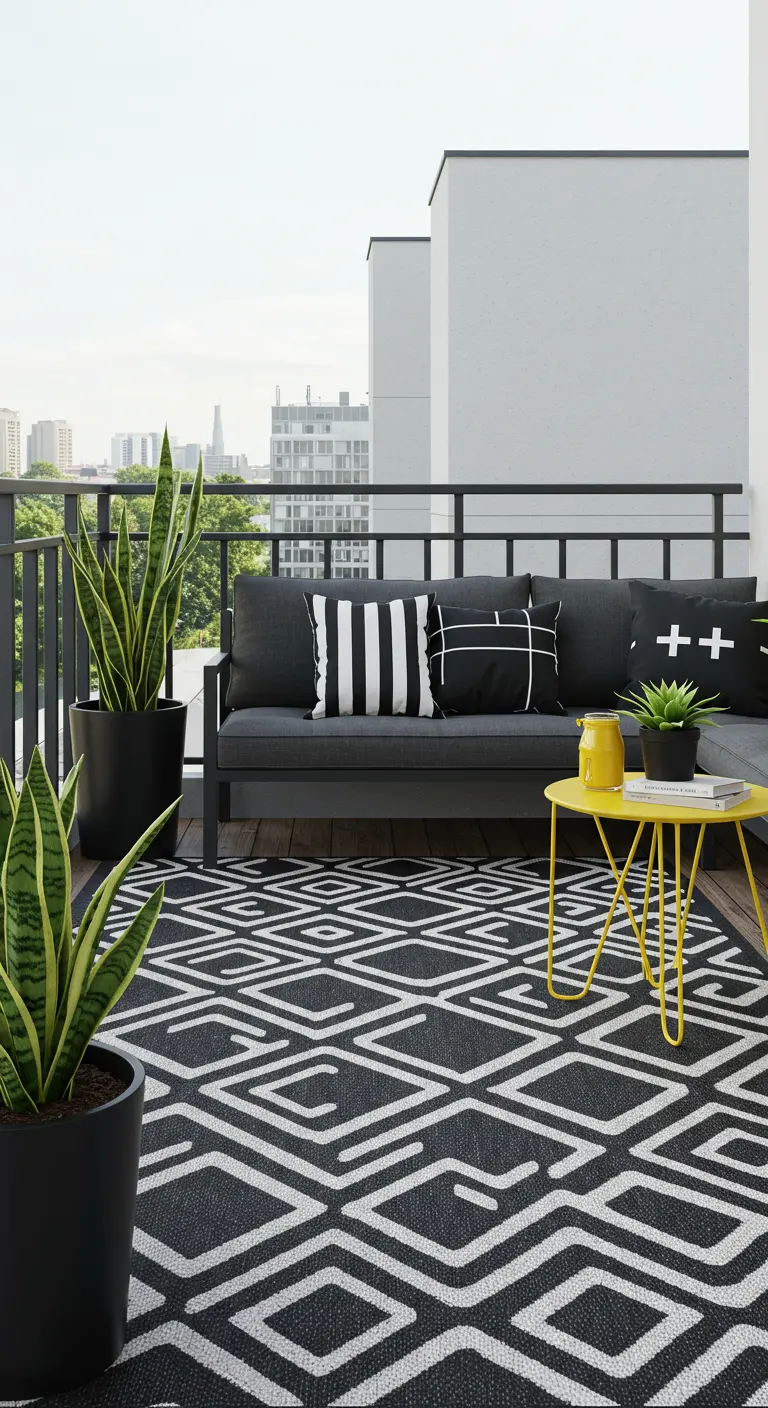 Modern balkon met zwart-wit geometrisch vloerkleed, grijze bank en gele bijzettafel.