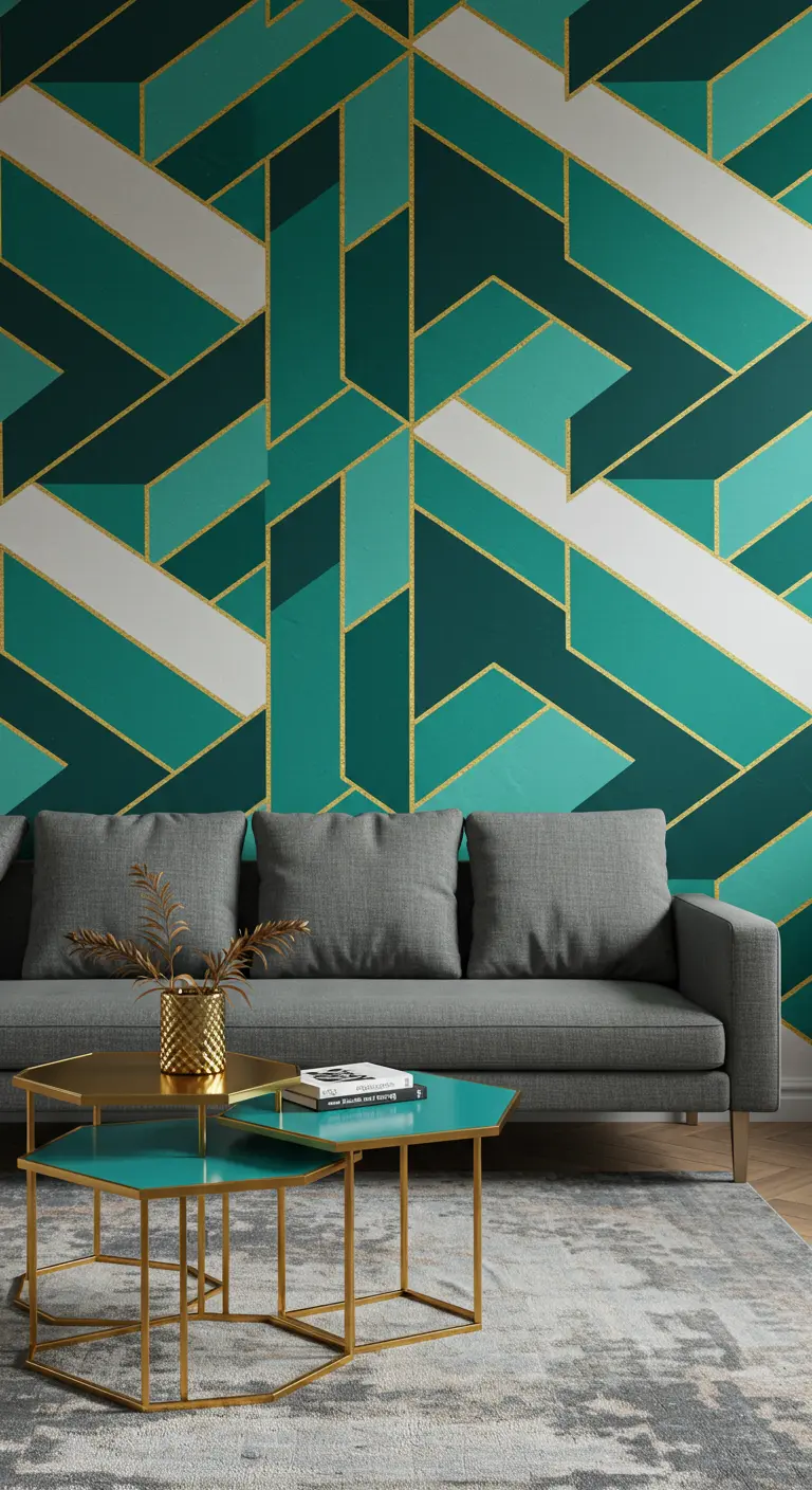 Woonkamer met een geometrische accentmuur in turquoise, wit en goud, en een grijze bank.