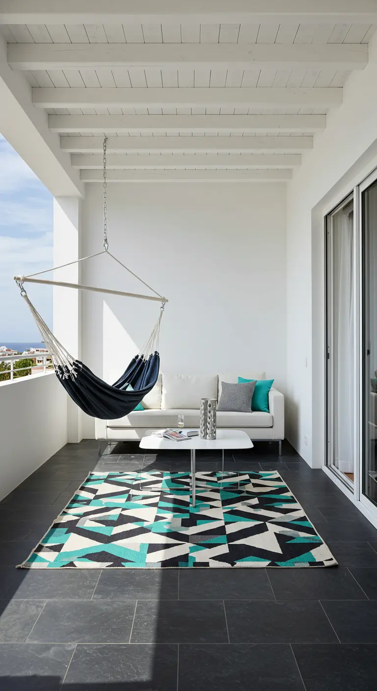 Modern balkon met een donkere hangmat en een groot geometrisch vloerkleed in zwart, wit en turquoise.