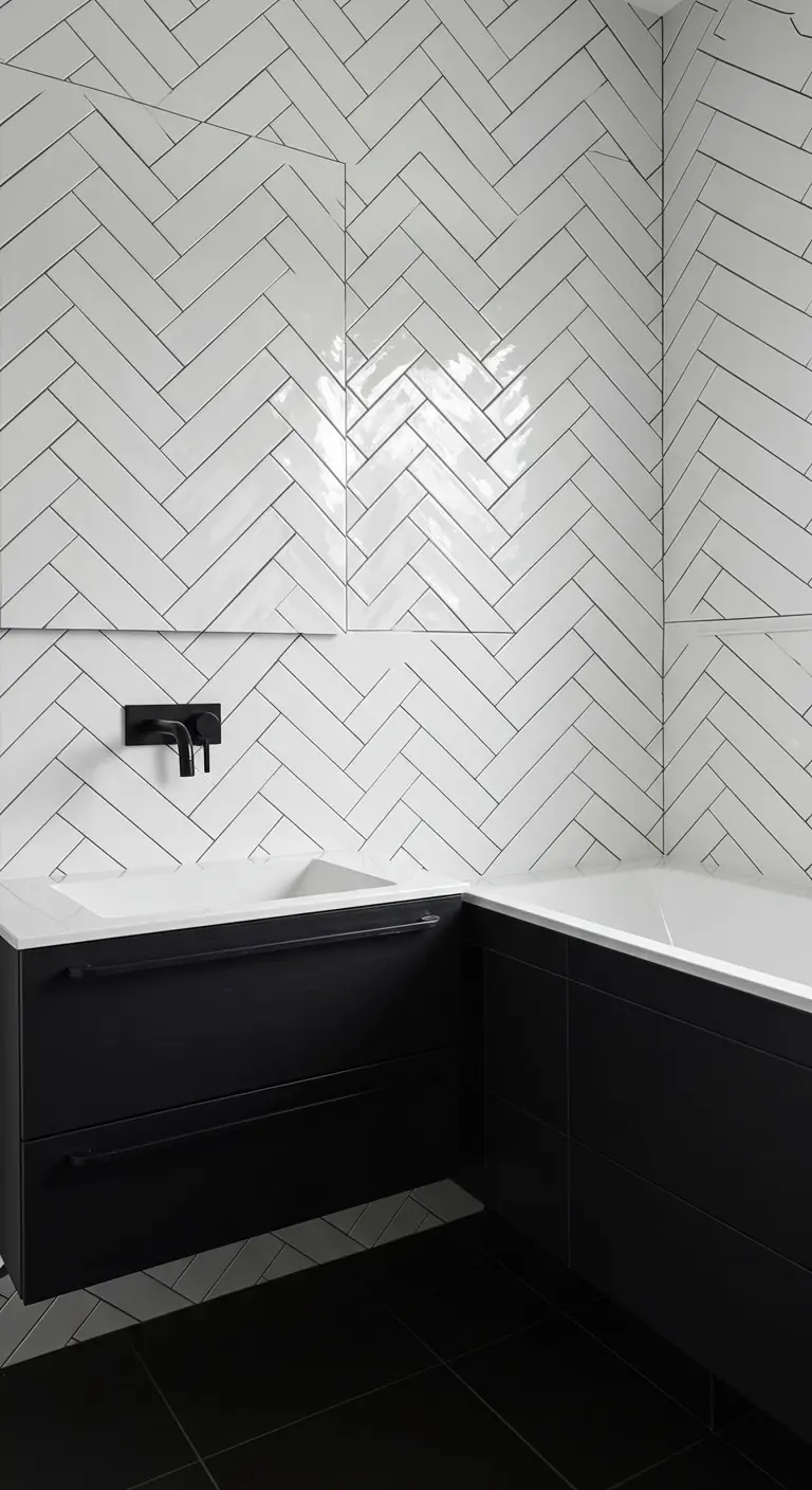 Zwart-witte badkamer met visgraattegels met zwarte voeg en zwart meubel.