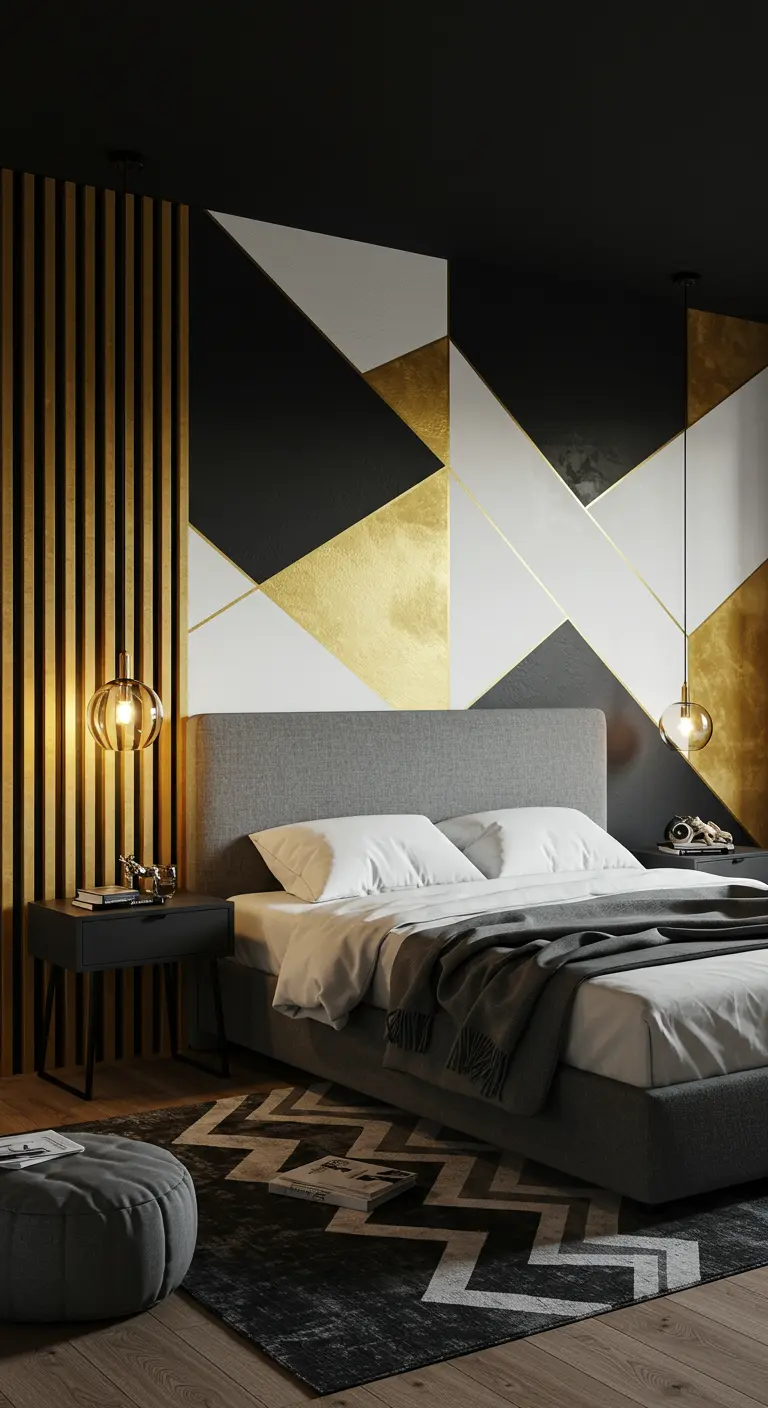 Moderne slaapkamer met een geometrisch patroon in zwart, wit en goud op de muur achter het bed.