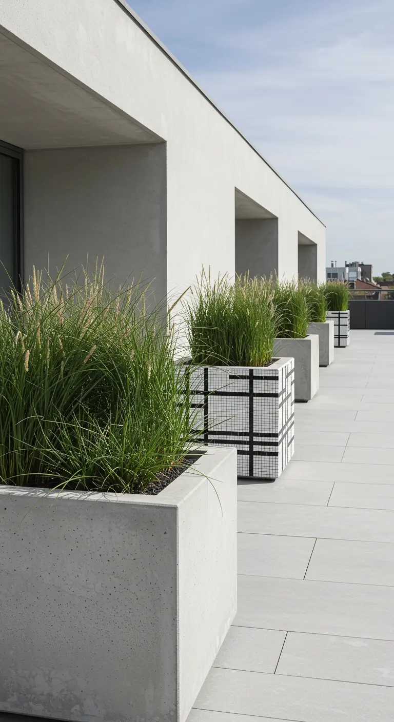 Moderne betonnen plantenbak op een dakterras, versierd met een zwart-wit grafisch mozaïek.