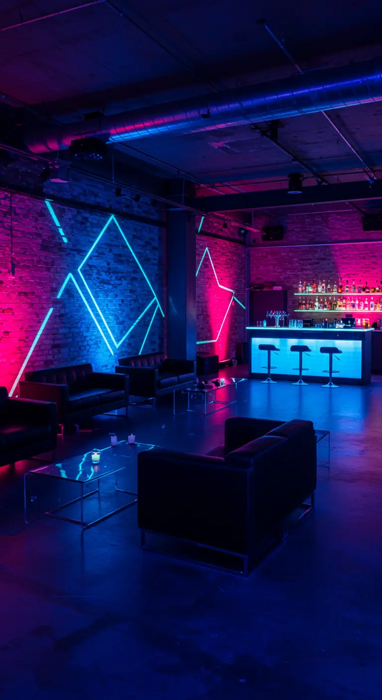 Lounge met neon lichtlijnen op bakstenen muur.