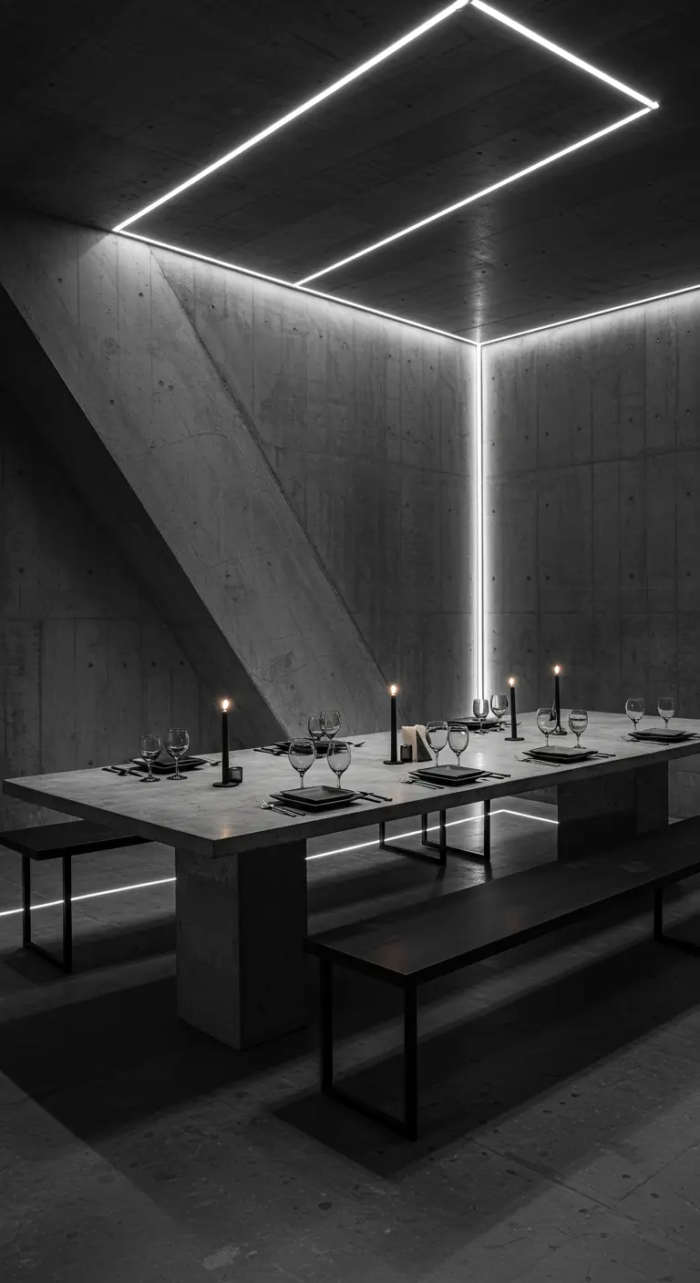 Minimalistische eetzaal van beton met strakke LED-lichtlijnen aan het plafond en langs de muur.