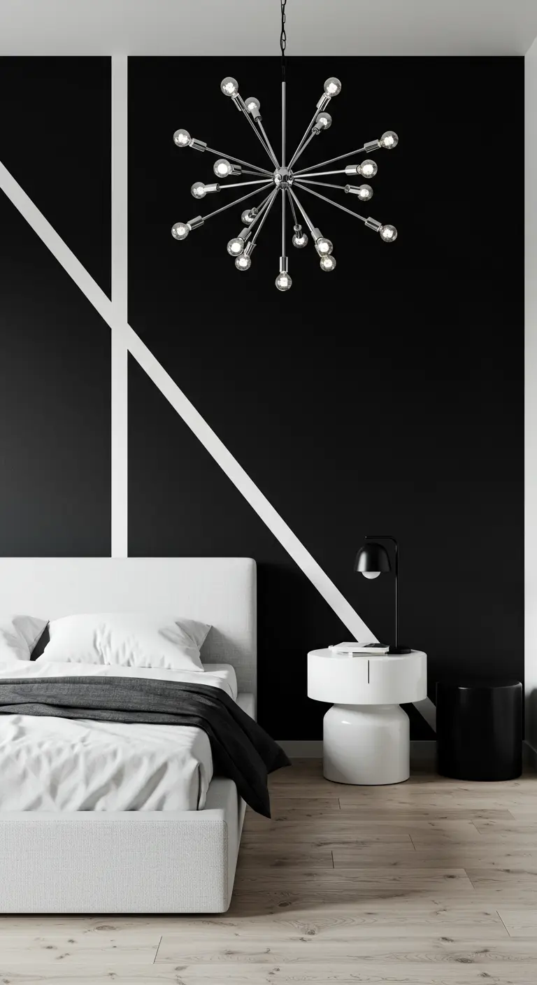 Zwart-witte slaapkamer met diagonale strepen op de muur en een grote chromen sputnik-lamp.