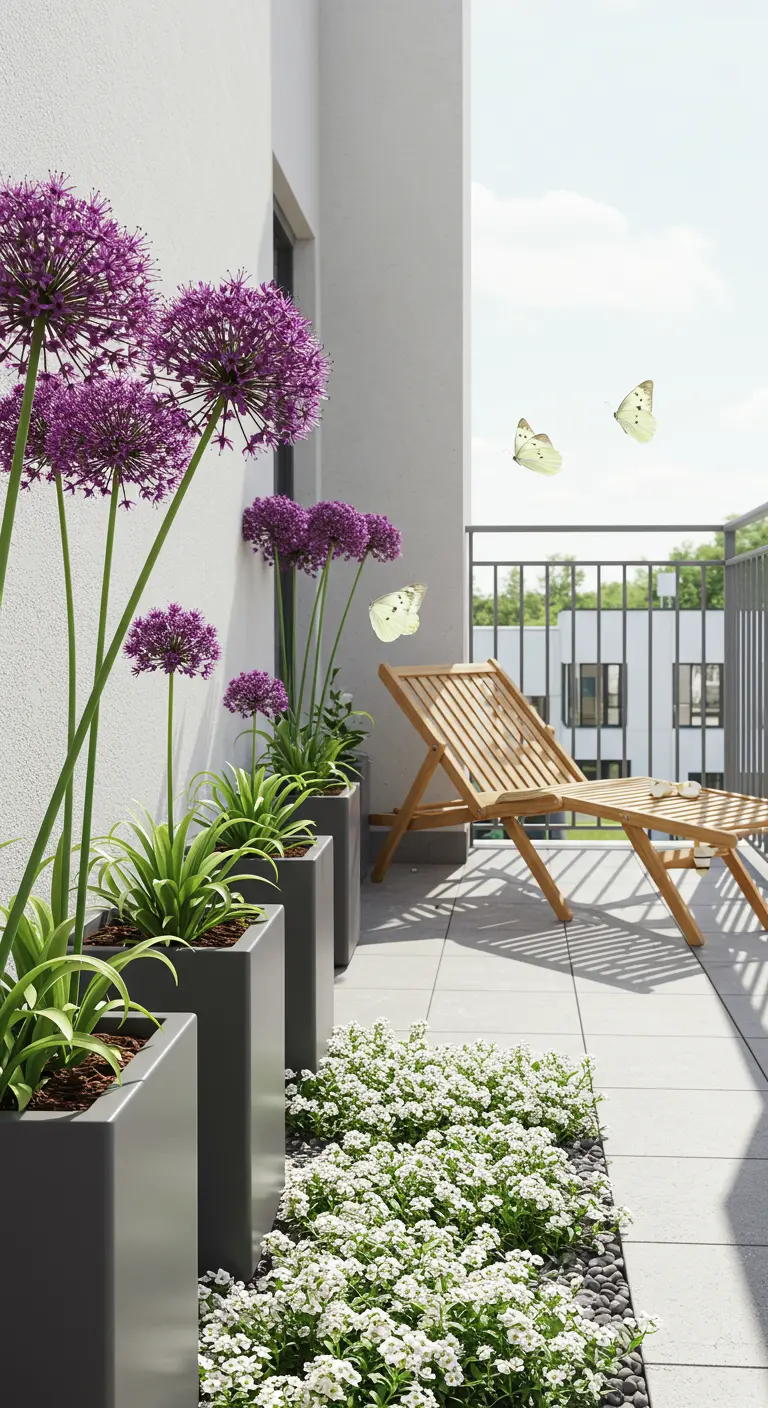 Modern balkon met hoge paarse Alliums in strakke bakken en een bed van witte bloemetjes.