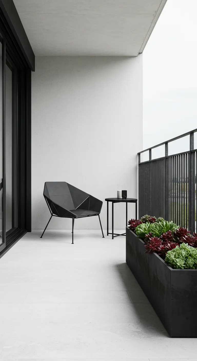 Wit balkon met een zwarte geometrische stoel en een zwarte plantenbak.