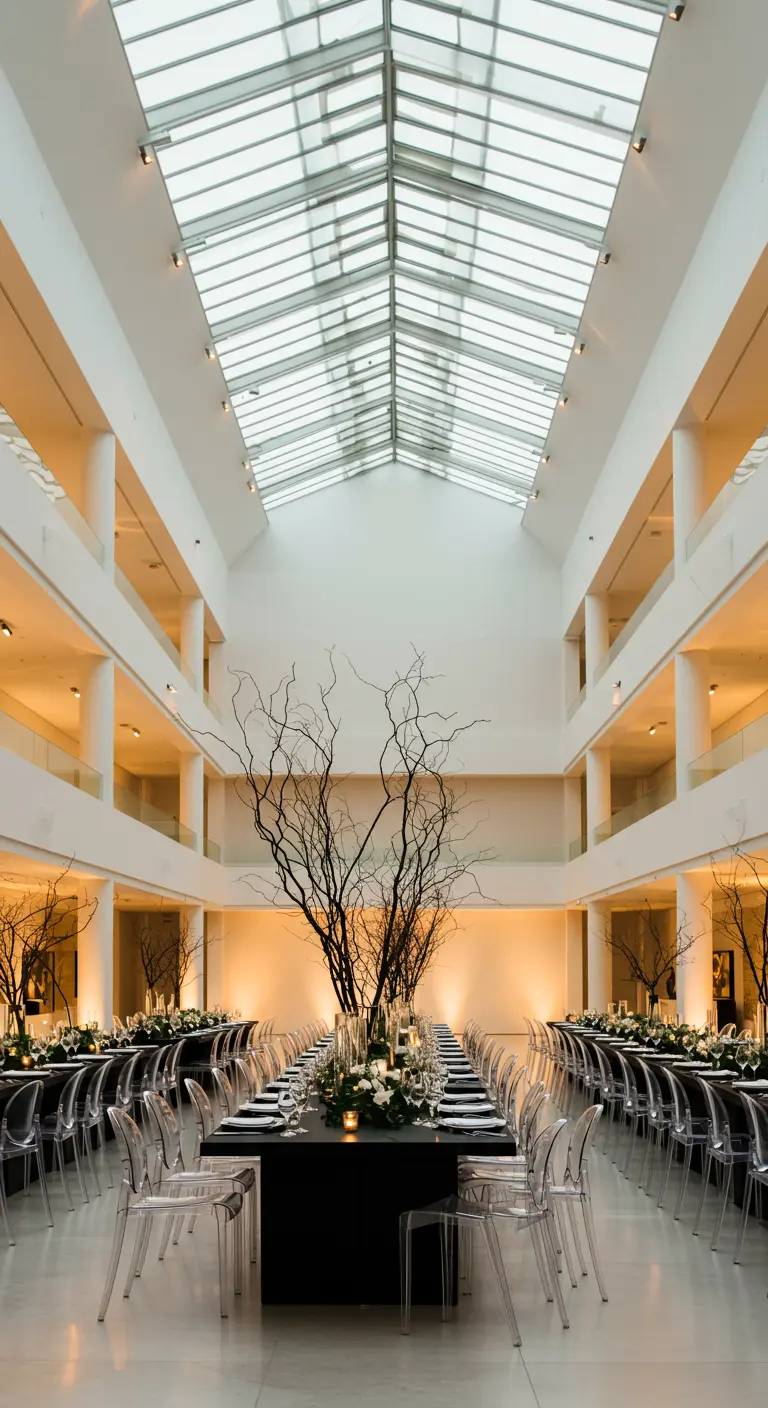 Receptie in een modern atrium met lange zwarte tafels en een groot takken-centerpiece.