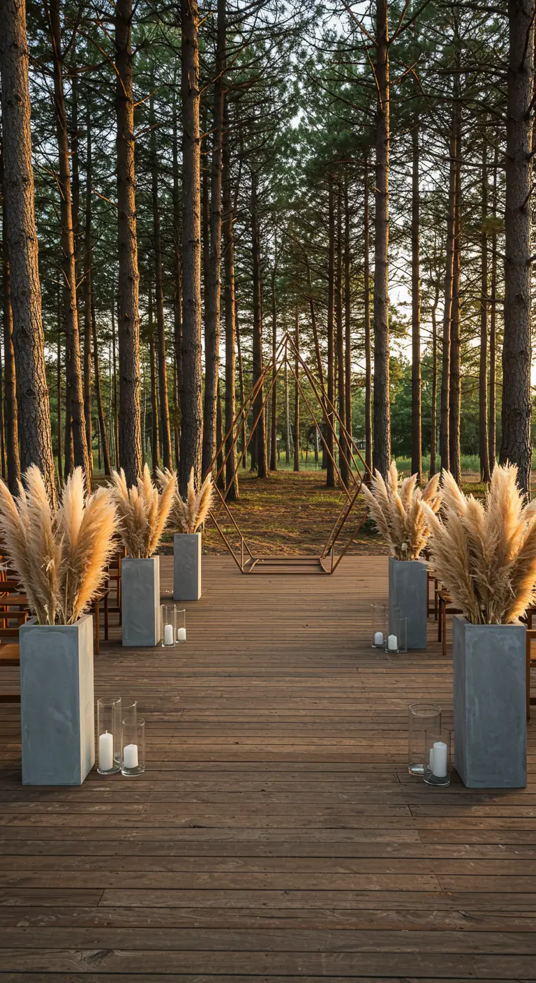 Buitenceremonie in het bos met een geometrische metalen backdrop en pampasgras in betonnen vazen.