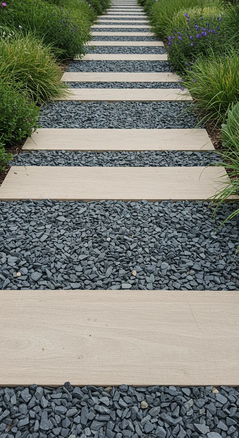 Modern tuinpad met horizontale lichte houten planken, afgewisseld met banen van donkergrijs grind.