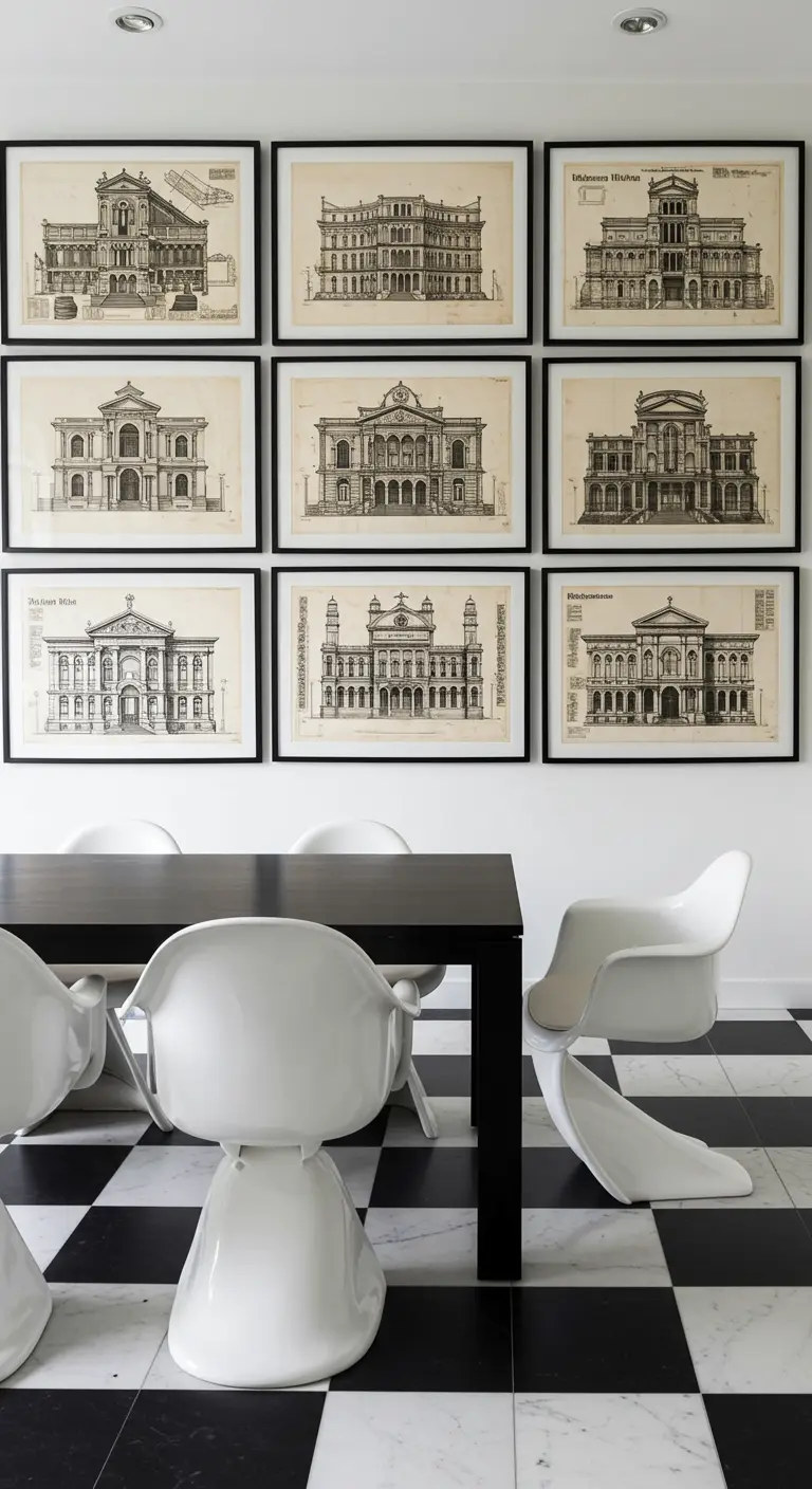 Zwart-witte eetkamer met geblokte vloer, architecturale prenten en witte Panton-stoelen.
