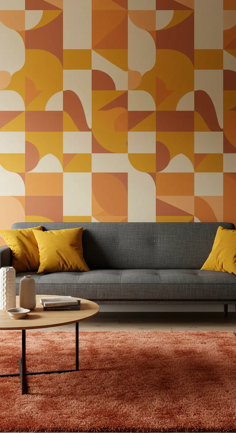 Woonkamer met een opvallend grafisch behang in okergeel, terracotta en wit achter een grijze bank.