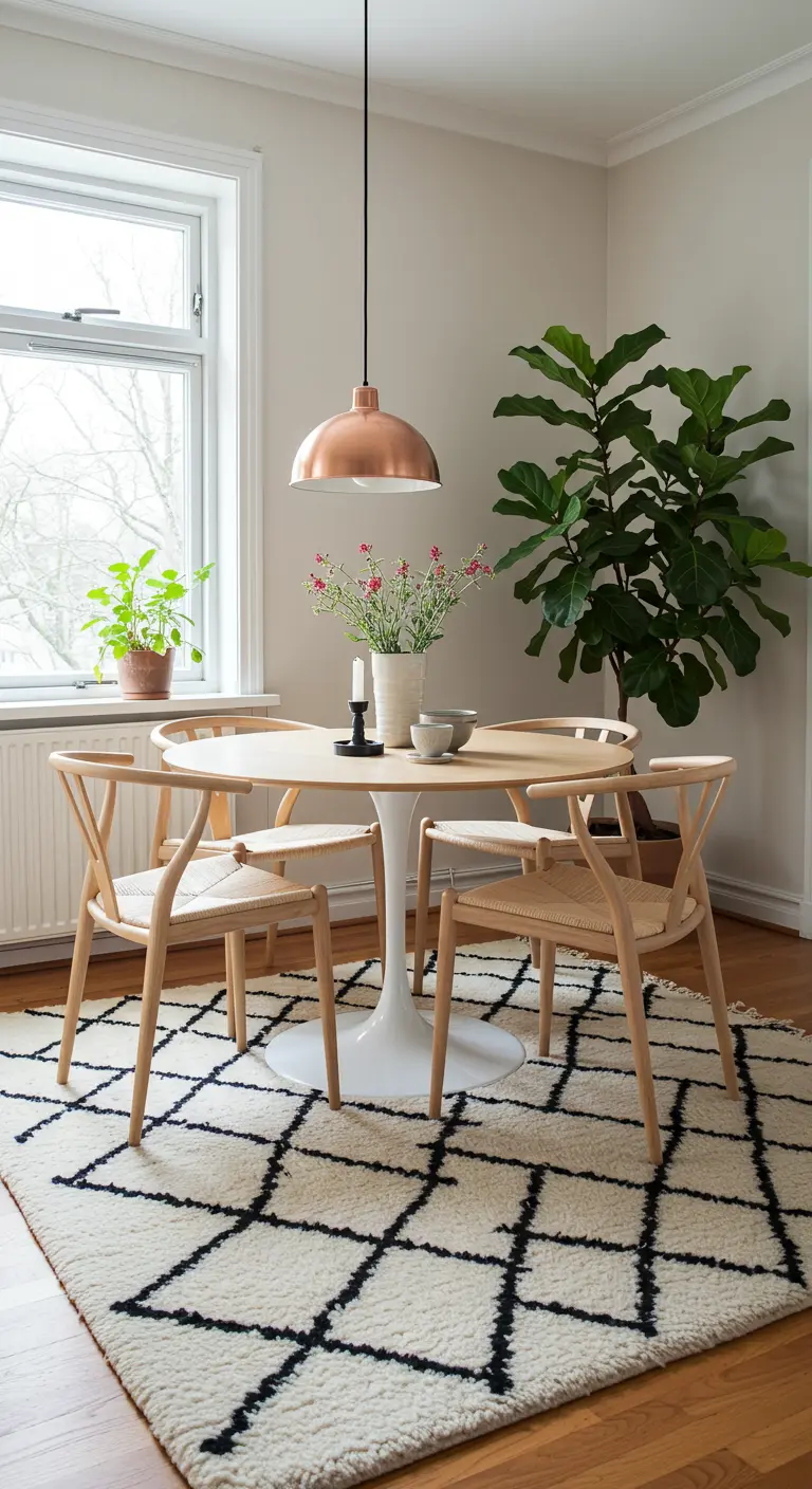 Lichte, Scandinavische eethoek met een rond tafeltje en een wit tapijt met zwart ruitpatroon.