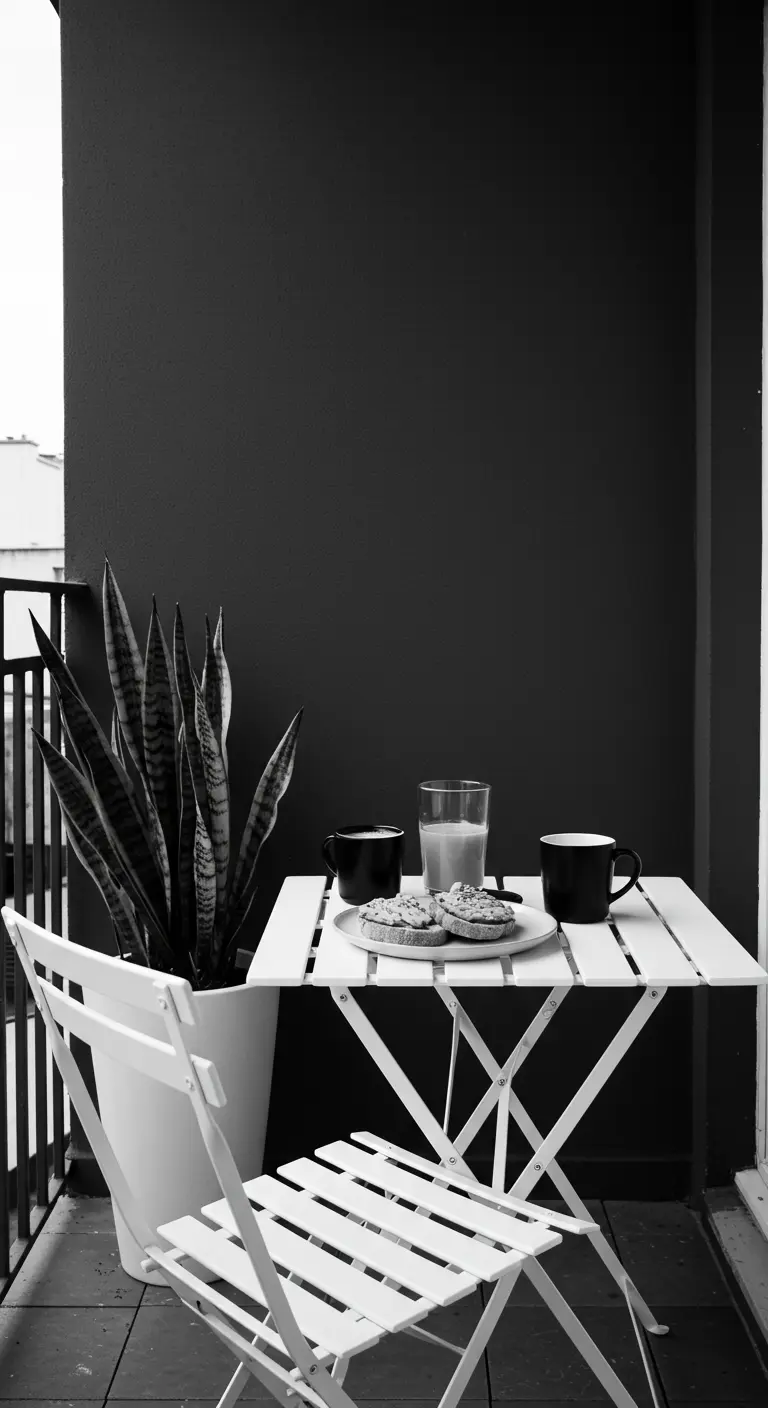 Witte bistroset tegen een gitzwarte muur met een grote Sansevieria in een witte pot.