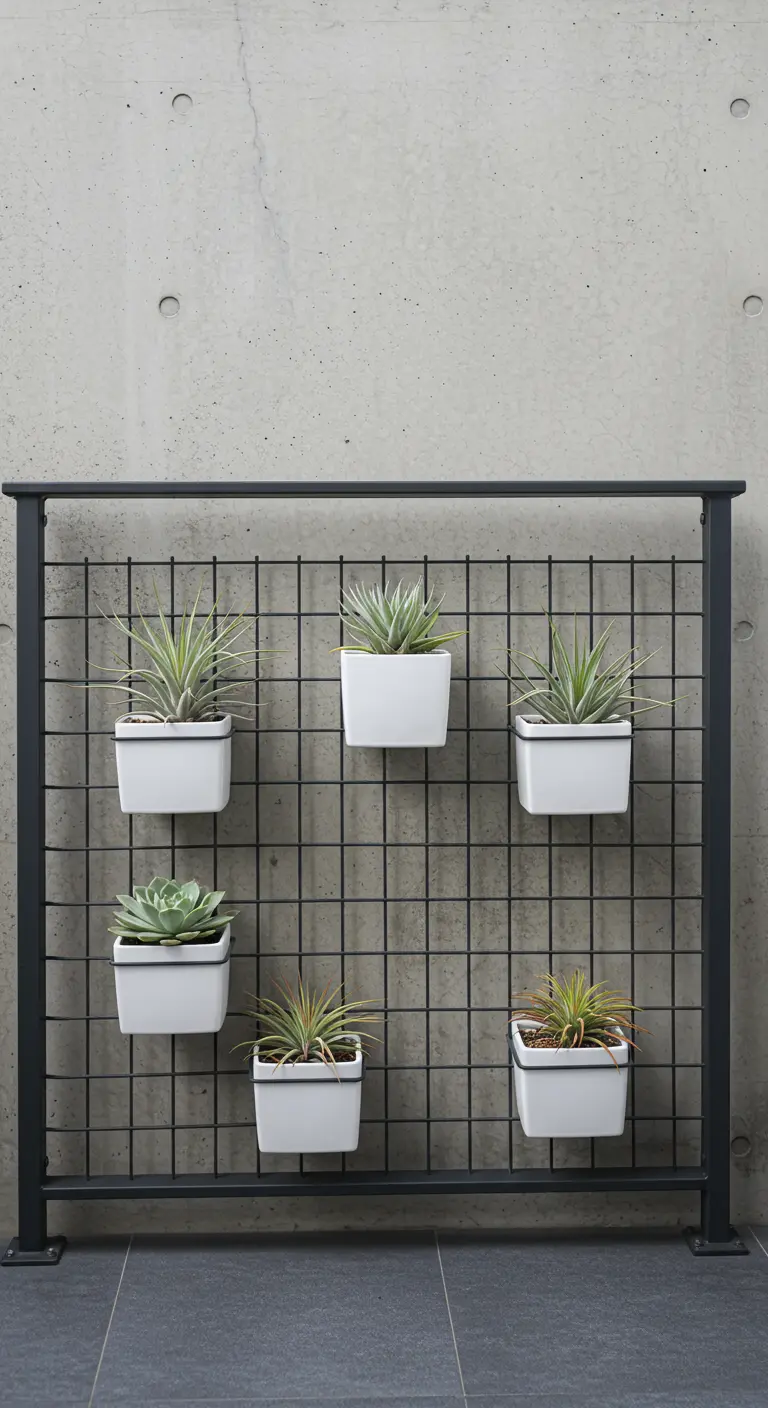 Zwart metalen rooster aan een reling met zes witte potjes met vetplanten.
