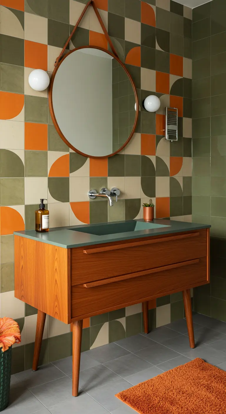 Retro badkamer met een wand van grafische tegels in groen, oranje en crème.