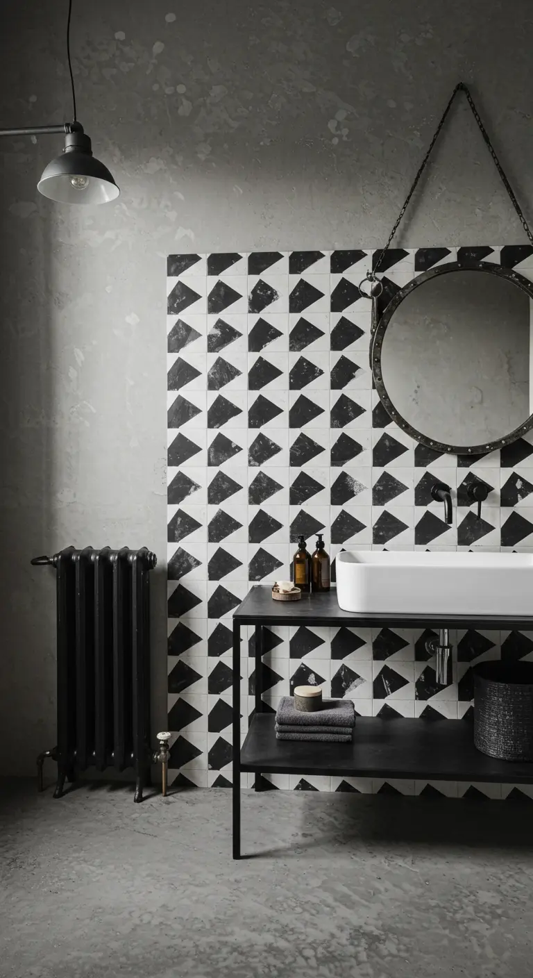 Badkamer met zwart-witte grafische tegels, een zwarte radiator en een ronde spiegel.