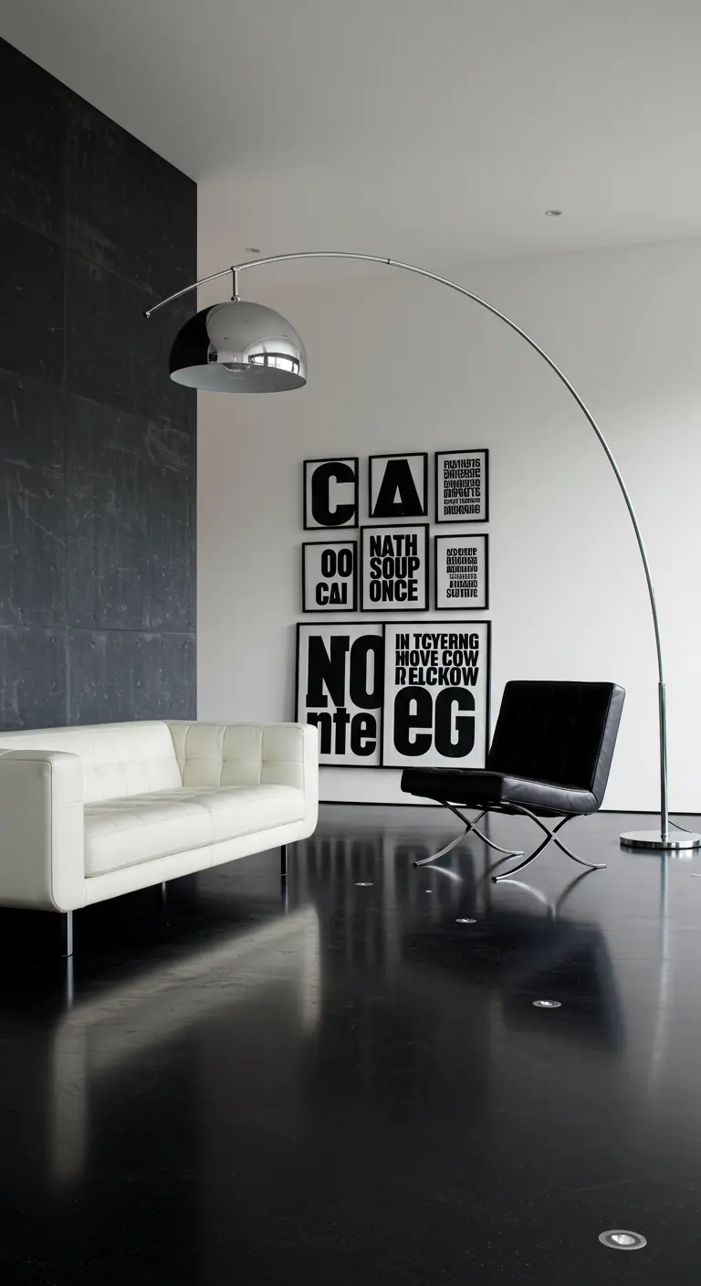 Zwart-witte woonkamer met glanzende zwarte vloer, witte bank en een galeriewand met typografische kunst.