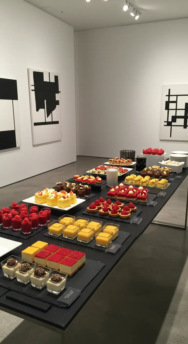 Modern dessertbuffet met geometrische vormen en strakke lijnen in een galerie.