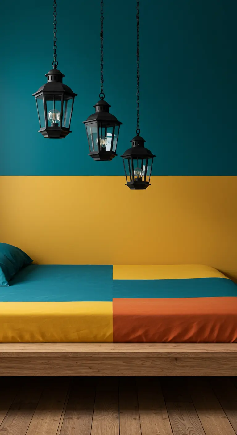 Moderne slaapkamer met kleurblokken in geel, blauw en oranje en industriële lantaarns.