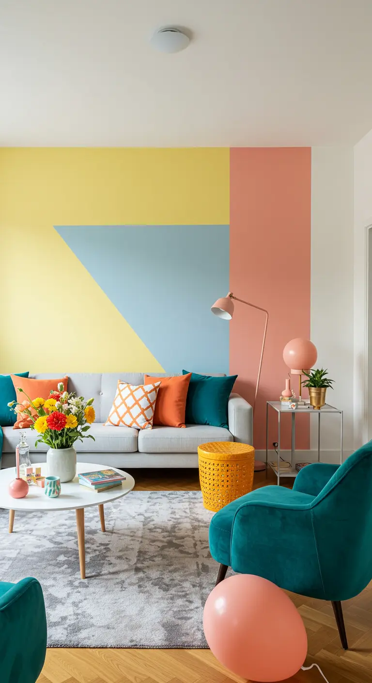 Woonkamer met een muur in geometrische pastelkleurvlakken en een donkergroene fluwelen stoel.