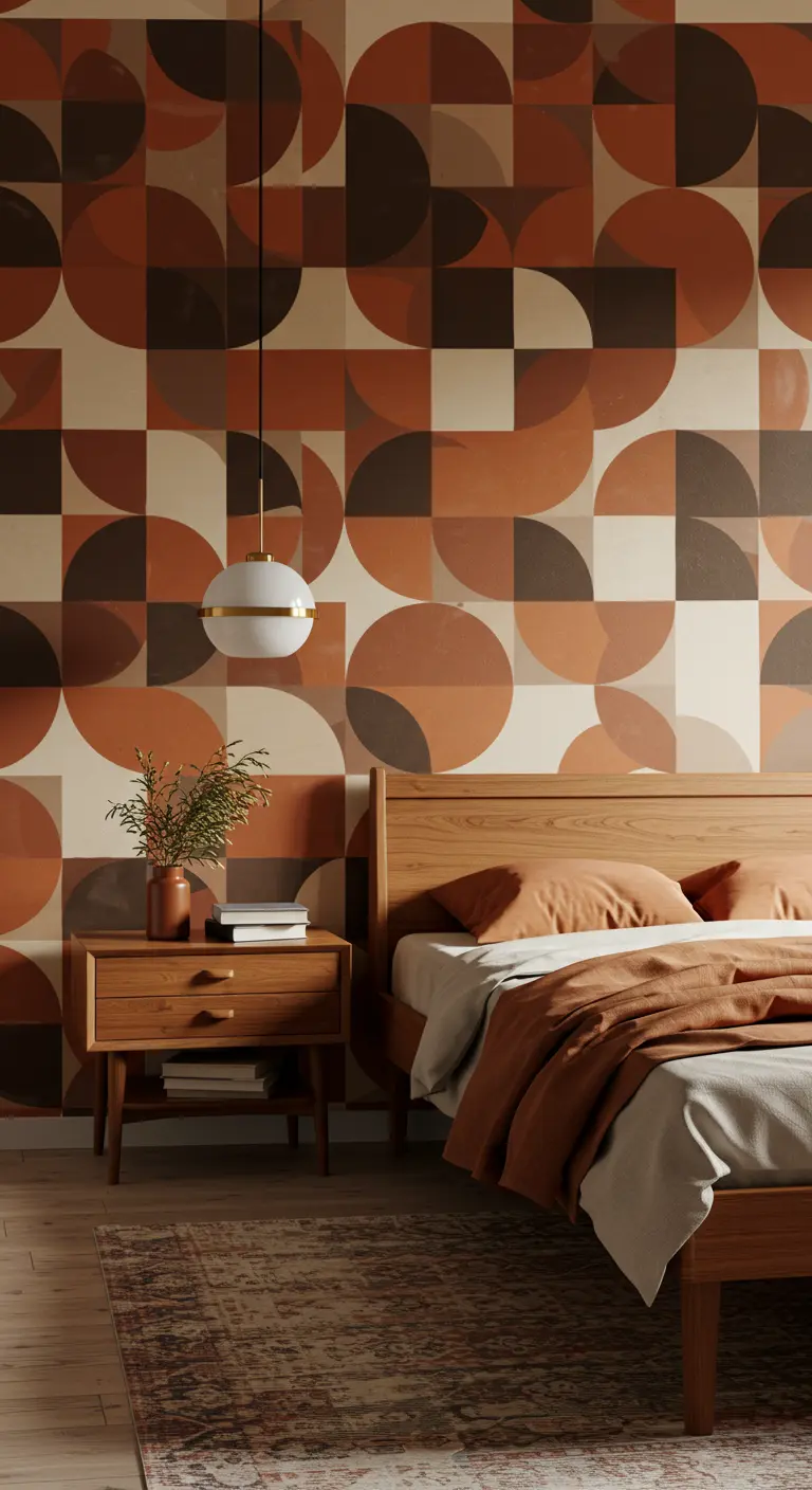 Slaapkamer met geometrisch behang in aardetinten en een houten bed.