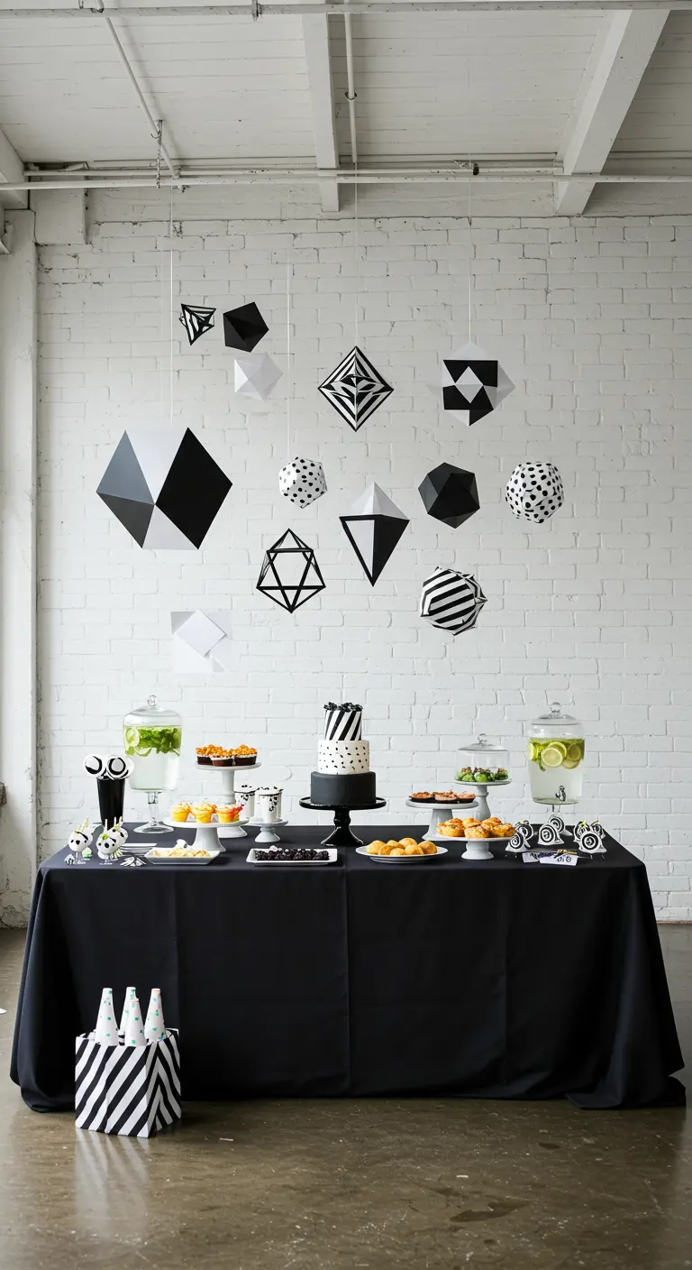 Zwart-wit buffettafel met hangende geometrische papieren vormen.