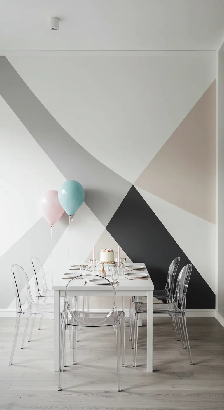 Minimalistische eethoek met geometrisch geschilderde muur en twee pastelkleurige ballonnen.
