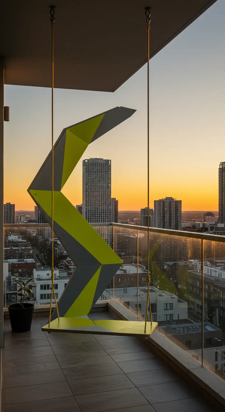Asymmetrische, geometrische schommel in limegroen en grijs op een stadsbalkon.
