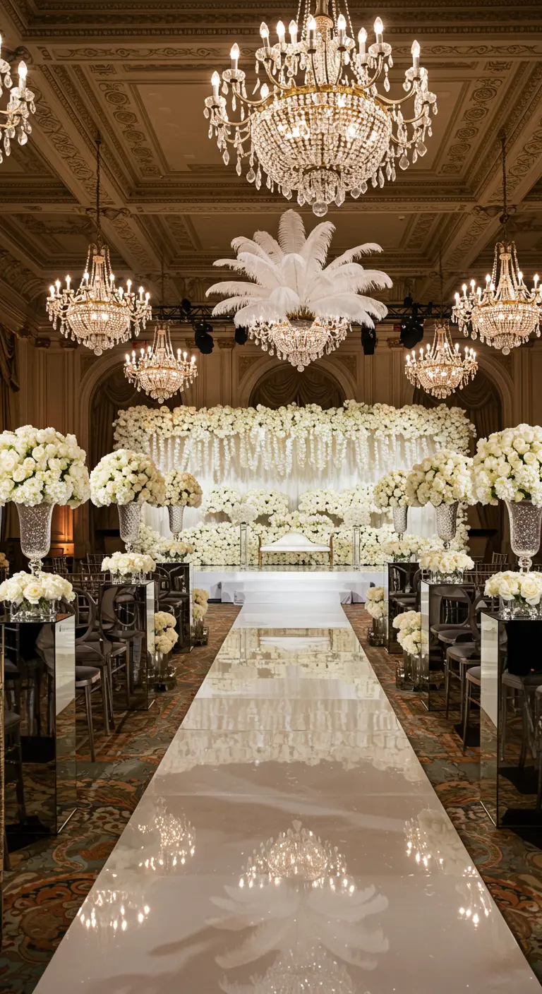 Extravagante ceremonie in een balzaal met kroonluchters, een spiegelende loper en een muur van witte bloemen.