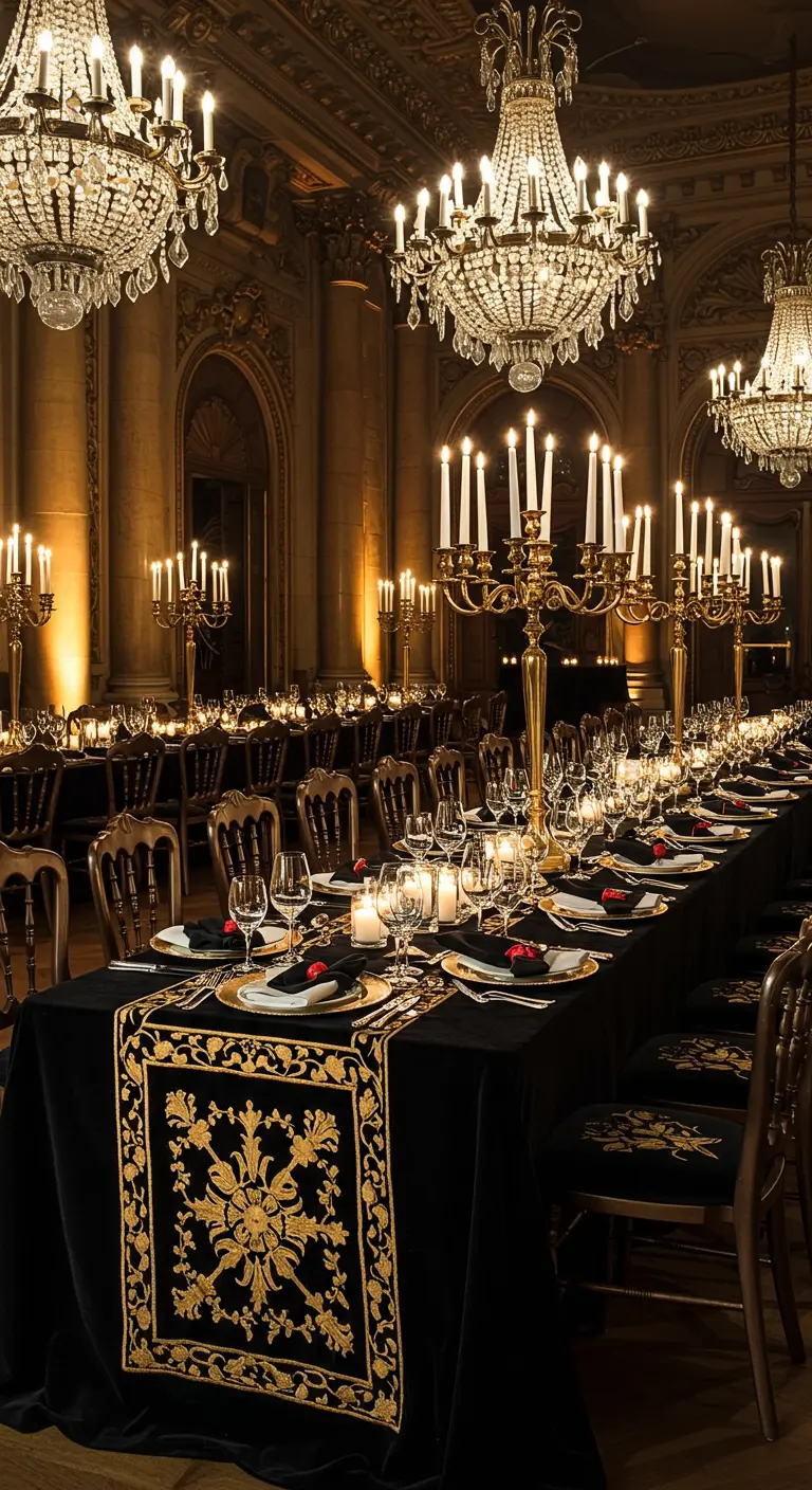 Lange, luxueus gedekte tafel in een balzaal met kroonluchters en gouden kandelaars.