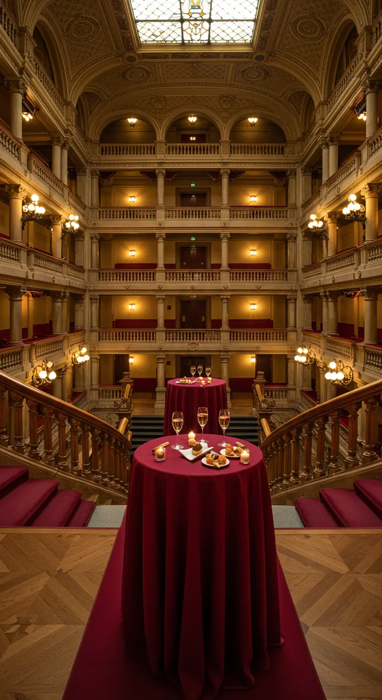 Rode statafels in de foyer van een klassiek operahuis met gouden details.