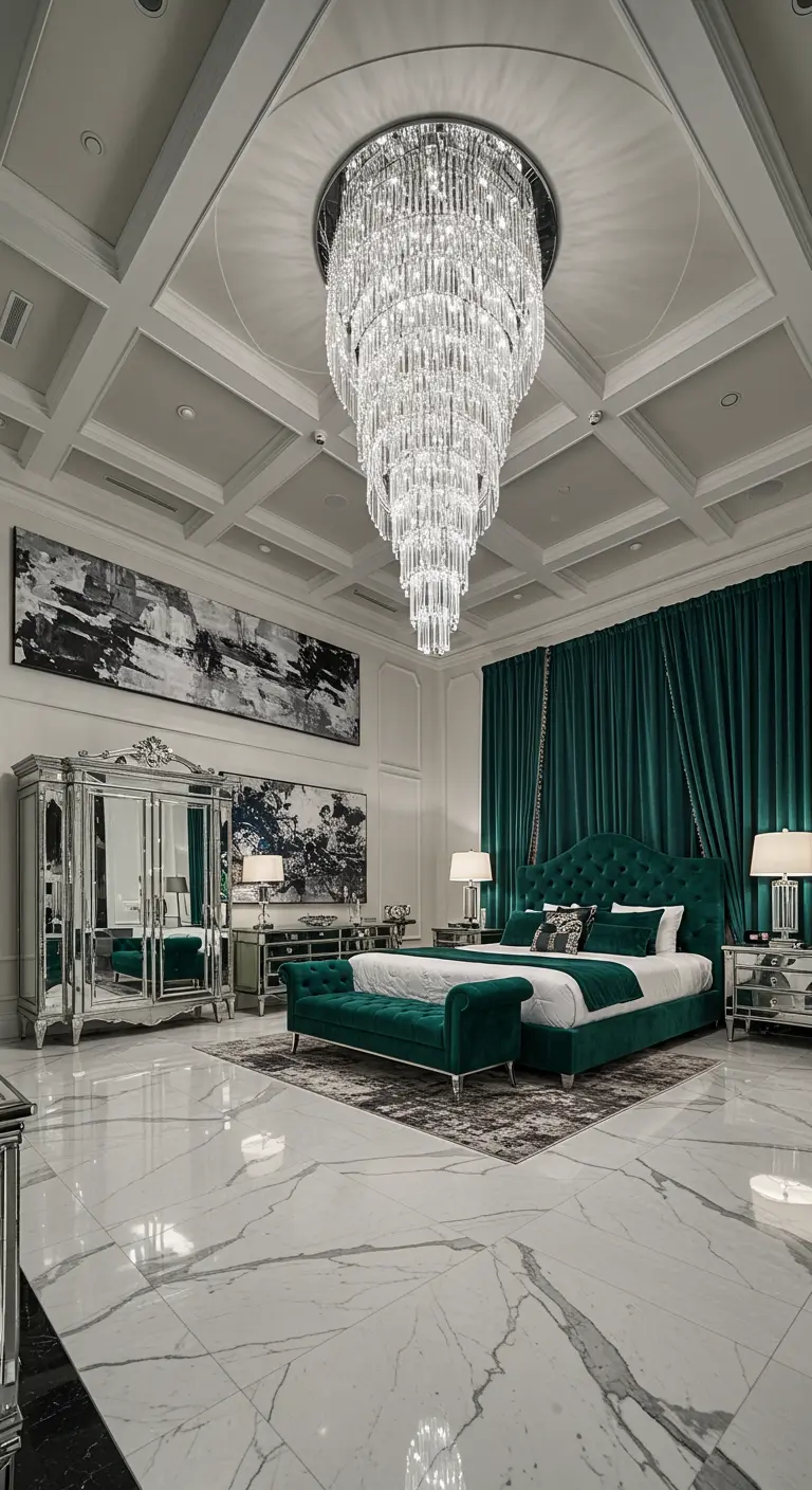 Grote, glamoureuze slaapkamer met smaragdgroen bed, marmeren vloer en een enorme kristallen kroonluchter.