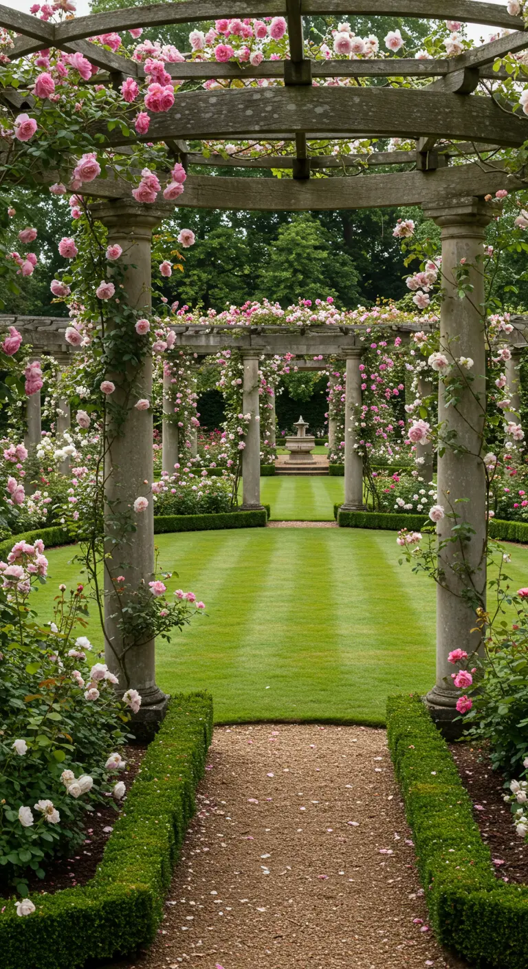 Indrukwekkende pergola met stenen pilaren, begroeid met roze rozen en strak gemaaid gras.