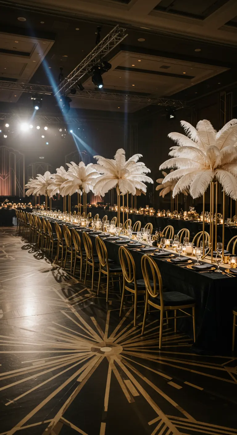 Lange, donkere tafel in Art Deco-stijl met hoge gouden standaarden met witte veren.