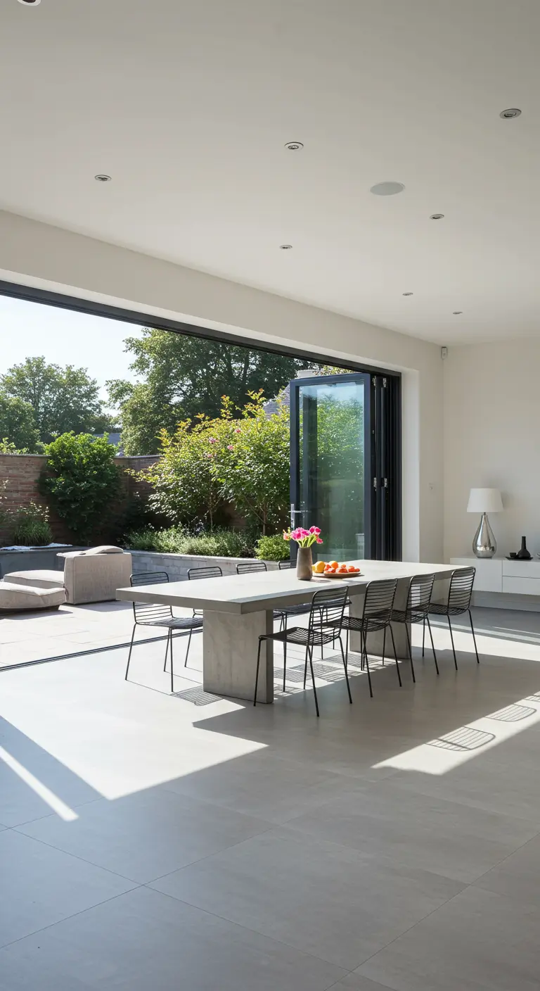 Moderne eetkamer met betonnen tafel en zwarte draadstoelen, uitkijkend op de tuin via open vouwdeuren.
