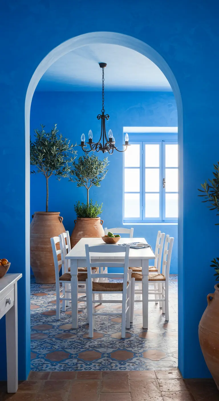 Mediterrane eetruimte met intens blauwe muren, witte meubels en grote terracotta potten.