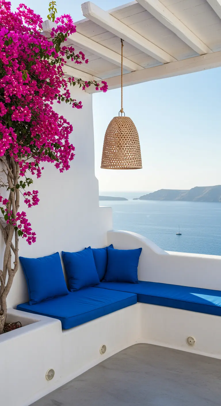 Witte balkonlounge met diepblauwe kussens, roze bougainvillea en uitzicht op zee.