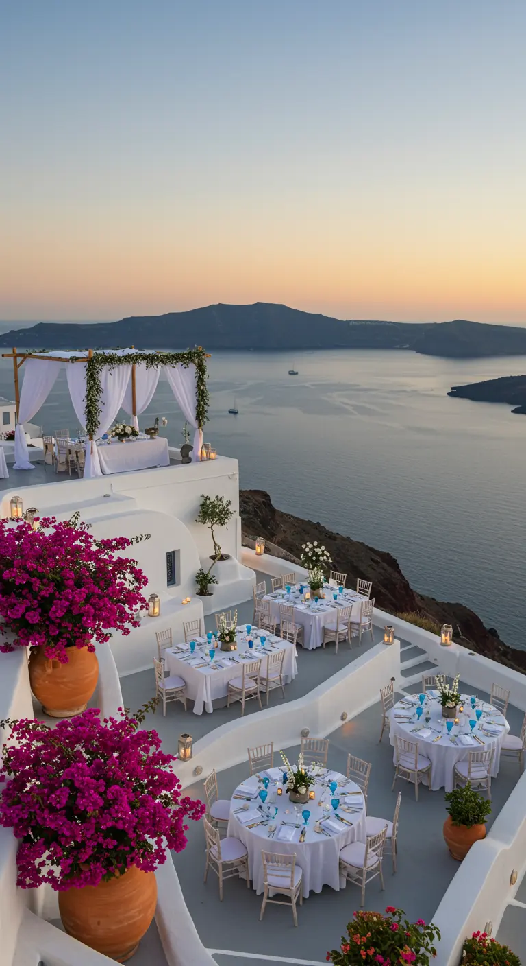 Receptie op een wit terras in Santorini met uitzicht op zee en accenten van bougainvillea.