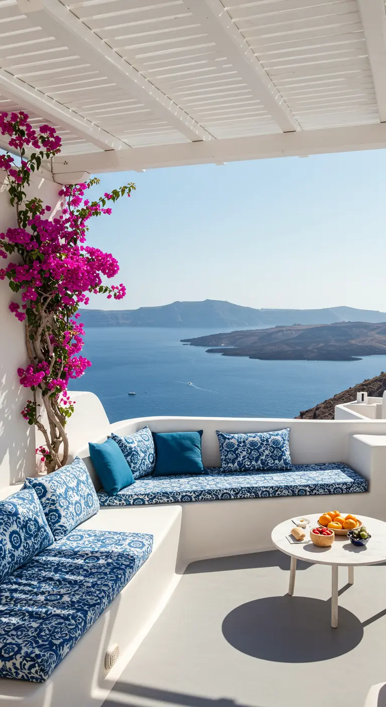Wit balkon in Santorini met blauwe kussens, bougainvillea en uitzicht over de zee.