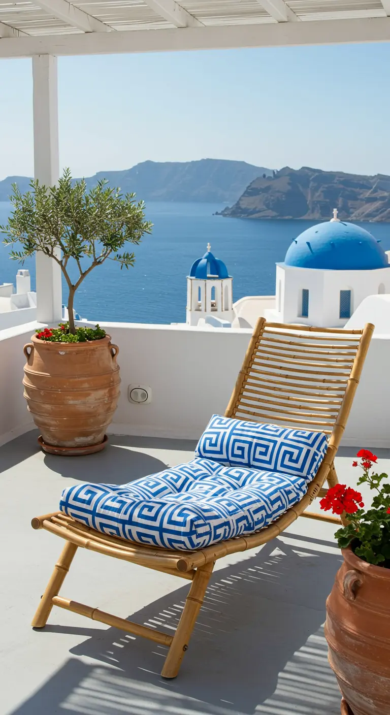 Bamboe loungestoel met blauw-wit geometrisch kussen op een wit terras met uitzicht op Santorini, Griekenland.