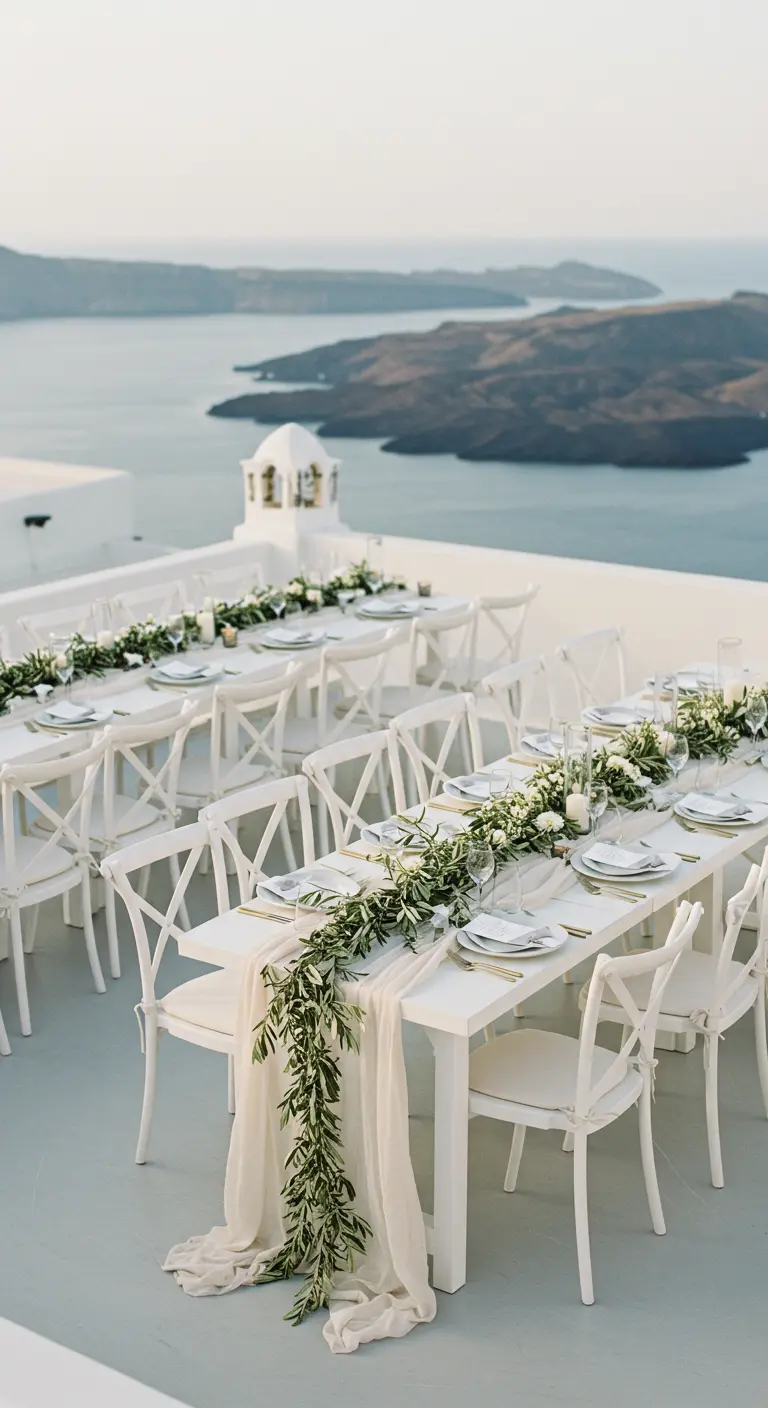Witte tafels met een loper van olijftakken, met uitzicht op de zee van Santorini.