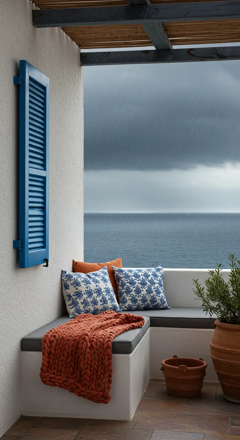 Balkon in Griekse stijl met een witte gemetselde bank, blauw luik en een oranje gebreid plaid.